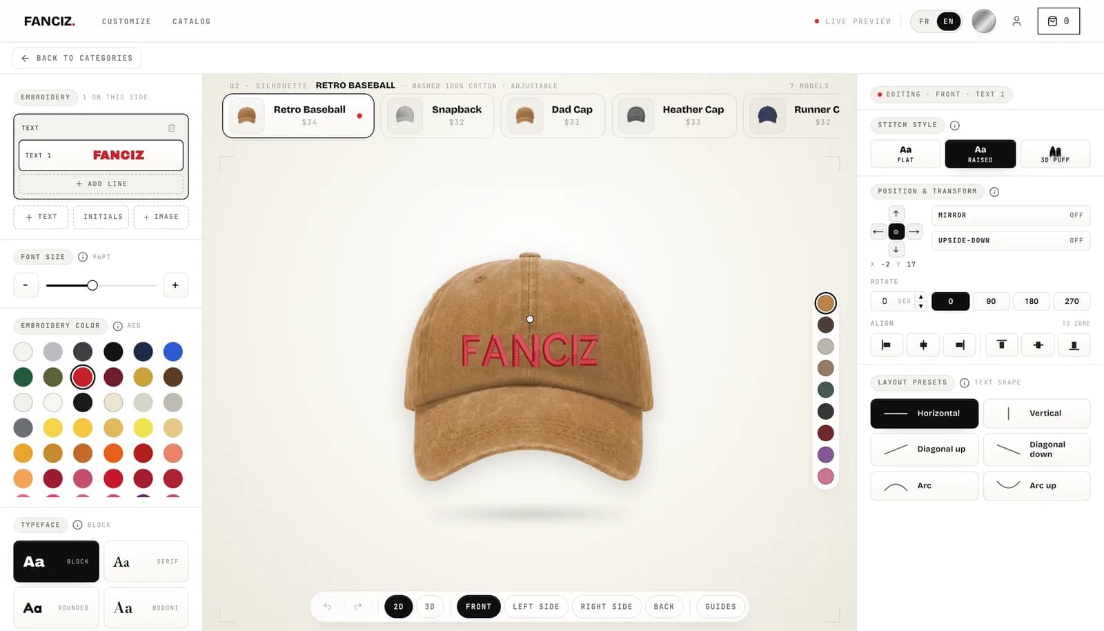 Le configurateur 2D : polices photographiées, 79 fils, style lettre à lettre