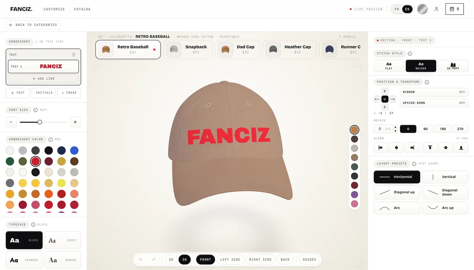 Le configurateur FANCIZ : BAT 3D en direct d'une casquette brodée en relief