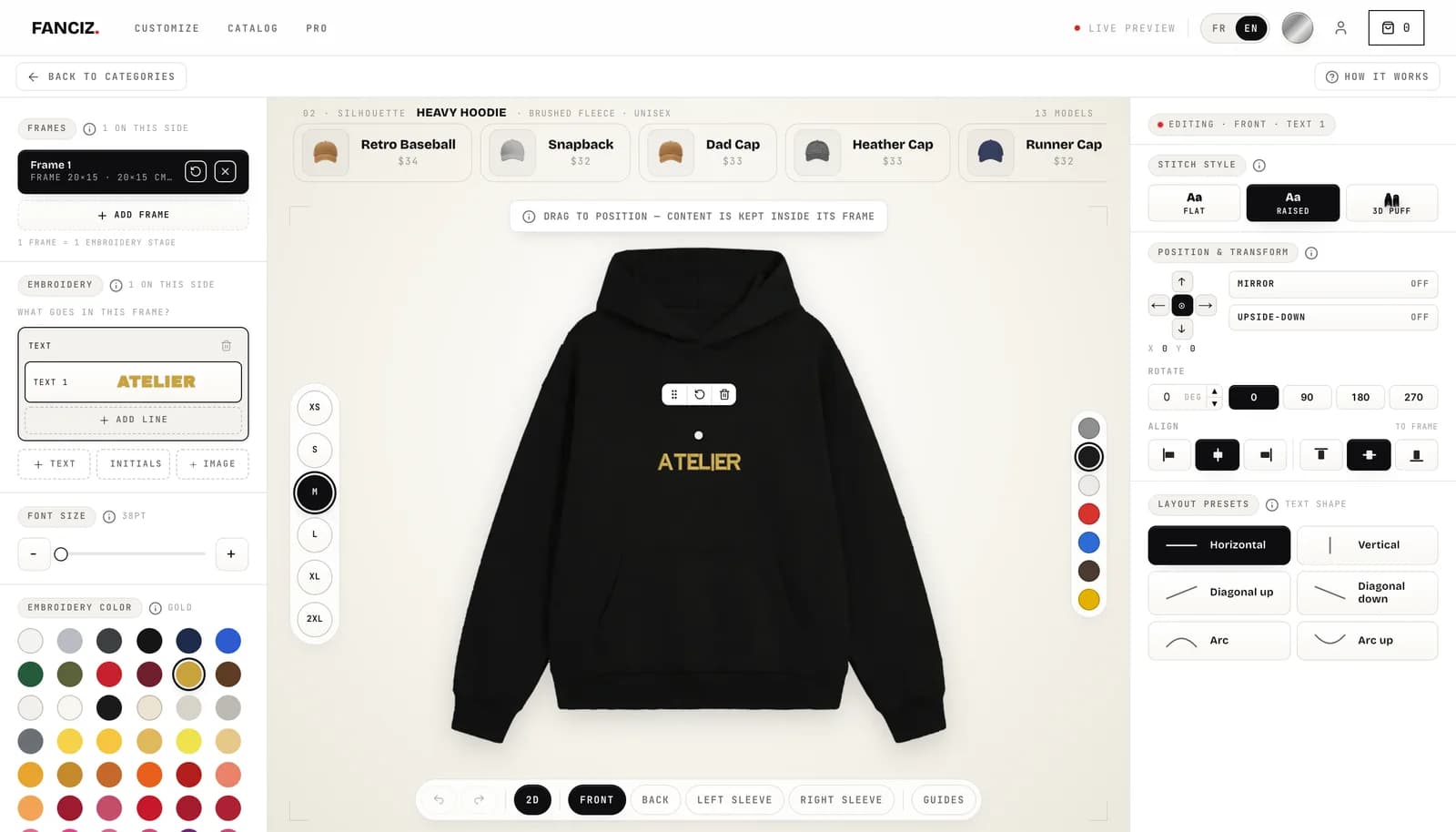 A hoodie in the configurator, lettering placed inside a 20 by 15 centimetre hoop