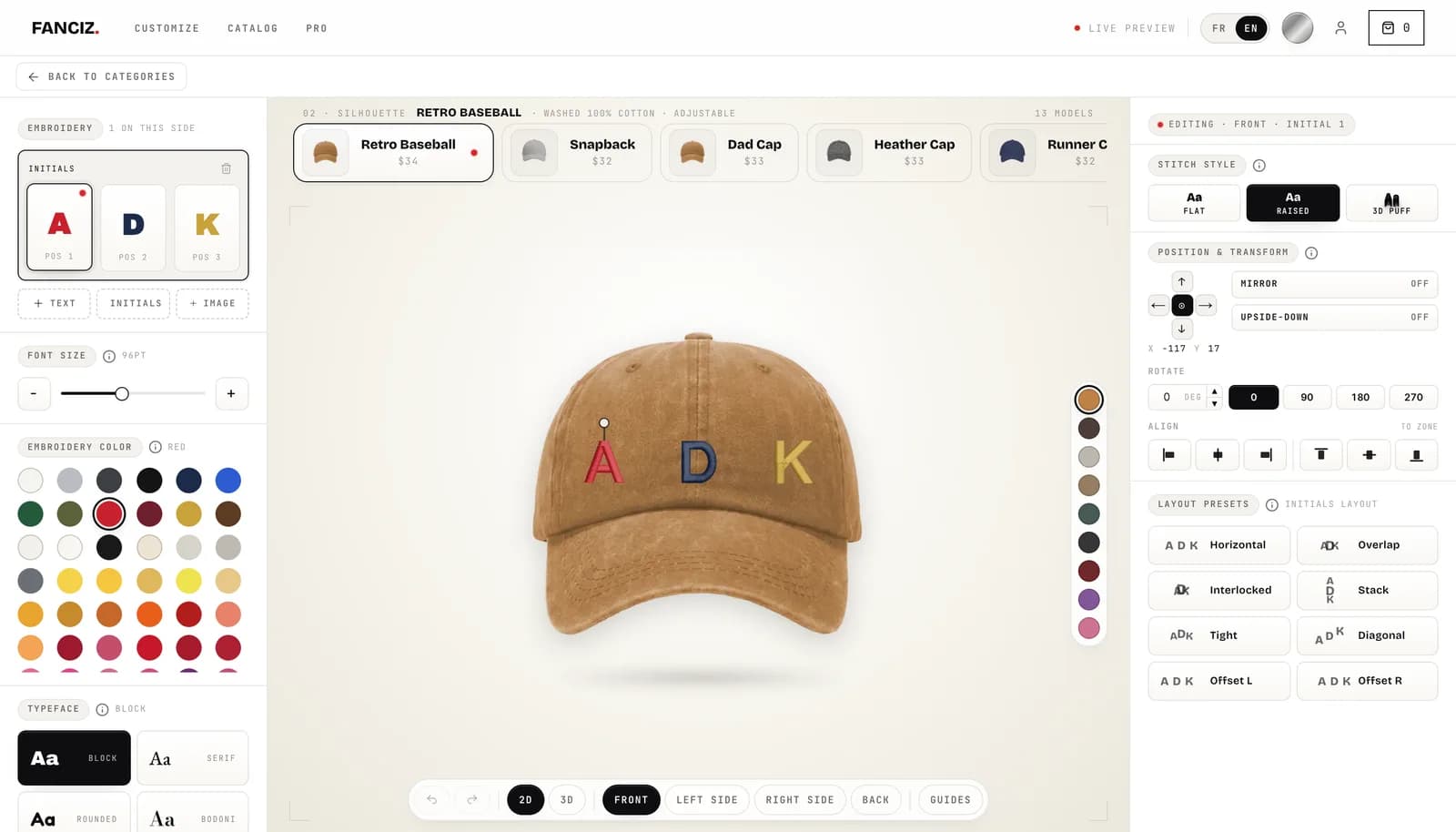 The configurator with a three-initial monogram in three thread colours